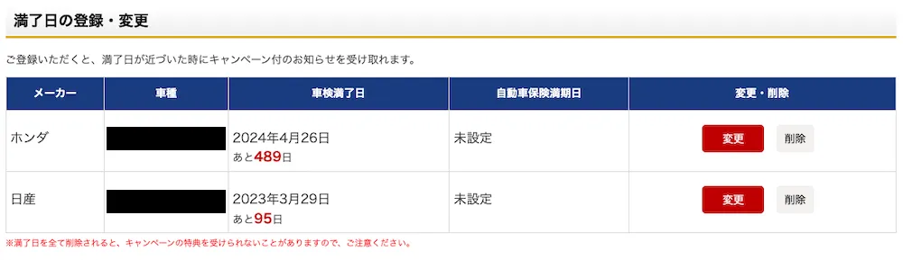 ここには画像があり、車のメーカーや車種、車検満了日、変更ボタン、削除ボタンが表示されています。